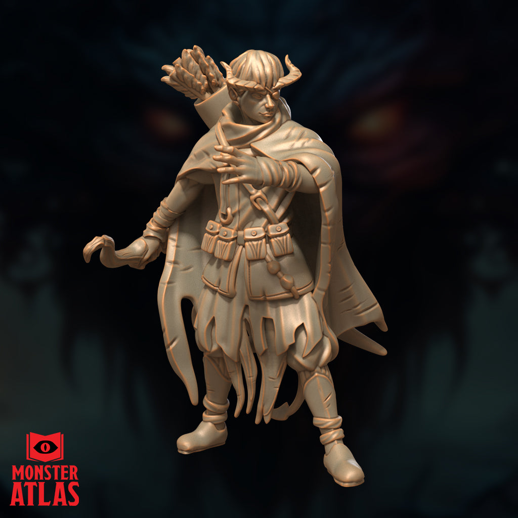 Unpainted resin render of Squiddly the young tiefling adventurer miniature, three-quarter front view — small horns, feathered quiver visible over the shoulder, cloak swept to one side, one hand raised to chest level in a gesturing pose, shredded hem detailing on lower garments, 32mm scale