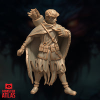 Unpainted resin render of Squiddly the young tiefling adventurer miniature, rear three-quarter view — full quiver of fletched arrows clearly visible across the back, wide cloak billowing outward, pouched belt across torso, pointed ears and small horns visible from behind, 32mm scale