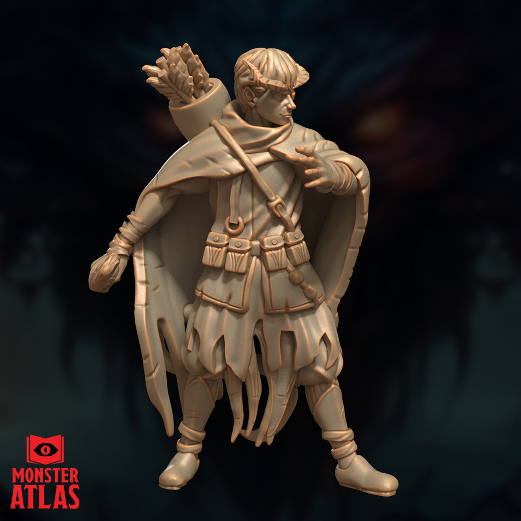 Unpainted resin render of Squiddly the young tiefling adventurer miniature, rear three-quarter view — full quiver of fletched arrows clearly visible across the back, wide cloak billowing outward, pouched belt across torso, pointed ears and small horns visible from behind, 32mm scale