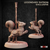 Digital render of two carousel squirrel miniatures by Mia Kay M3DM — one seated holding an acorn with eyes half-closed, one rearing up on hind legs, both mounted on a twisted decorative pole atop acorn-scattered round bases, wearing ornate embroidered saddles with tassels