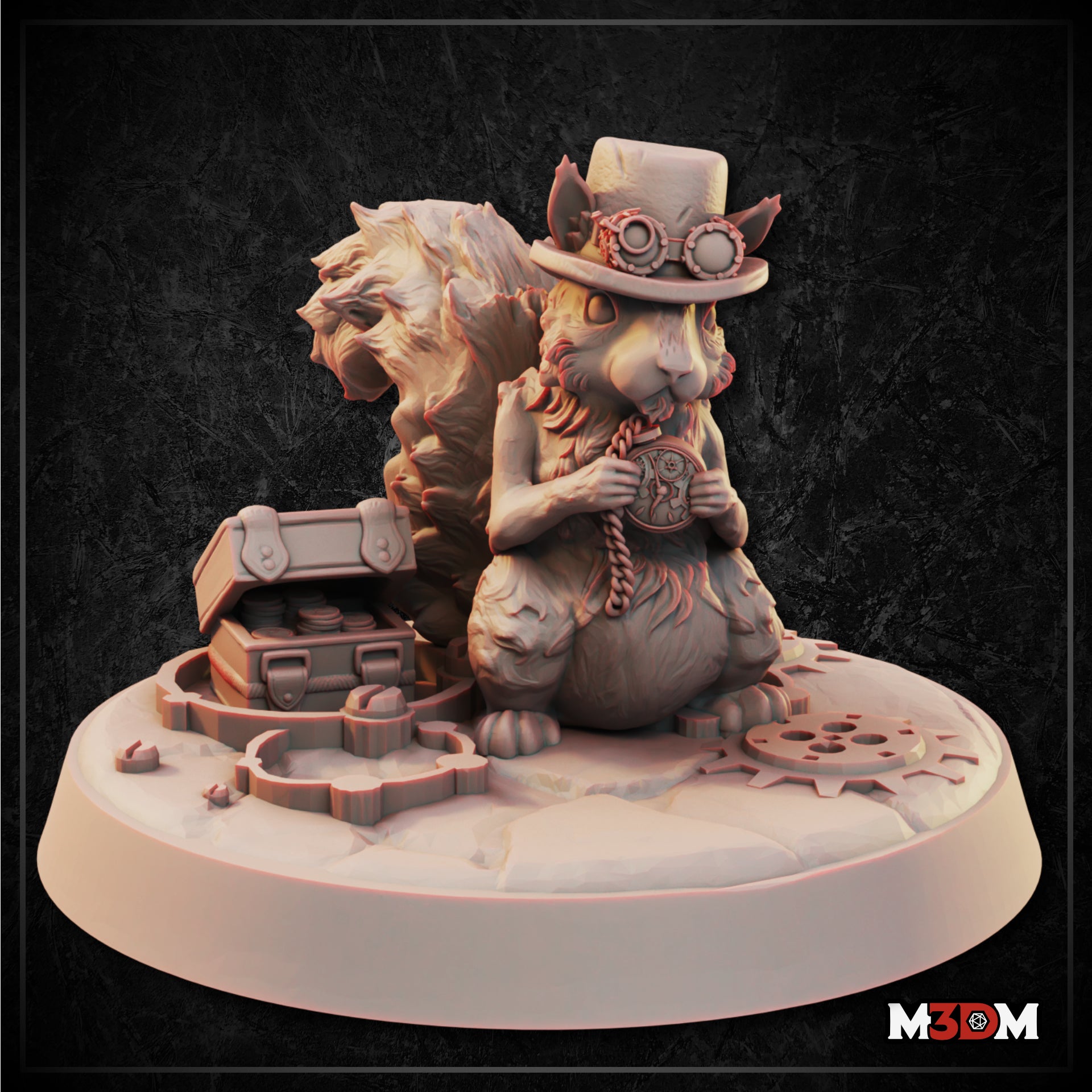 Squirrel Tinkerer by Mia Kay M3DM shown as a grey resin print on a gaming table beside a large d20 die, showing the top hat, fluffy tail, and pocket watch detail at tabletop gaming scale.