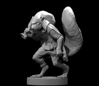 Anthro squirrel rogue crouched in a ready stance, raising a small blade in one hand and gripping a curved blade at the hip with the other. Fitted hood, leather tunic, wrapped forearms, and a large swept tail arching dramatically upward. Sculpt by MZ4250.