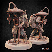 Steampunk Scavenger miniature by Mia Kay M3DM — side-on view showing the heavily loaded back rig in detail: coiled ropes, spinning wheel gears, dangling tools and chains beneath the wide mechanical canopy hat. Gear-work base.
