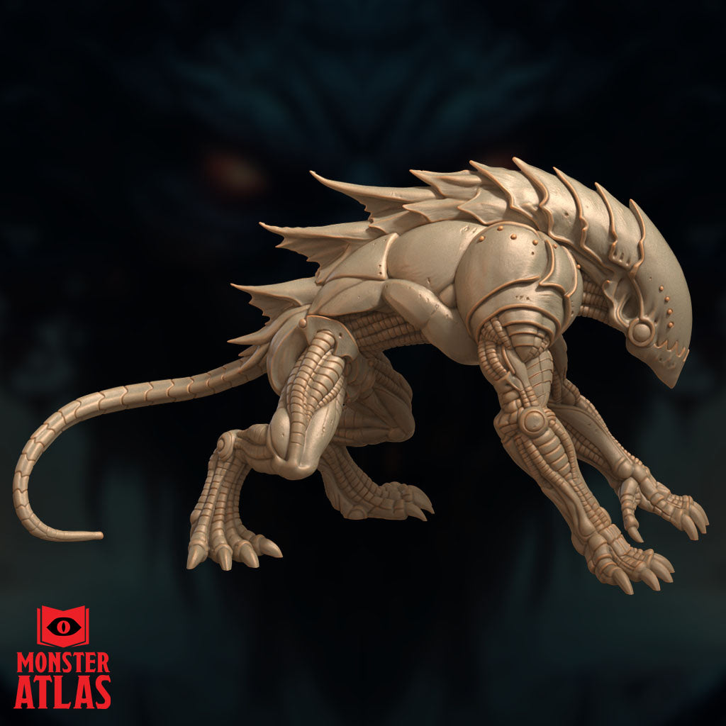 Steel Predator miniature by Monster Atlas — side three-quarter view showing full lateral profile with ridged back fins, armoured haunches, scaled legs, and curling tail. Unpainted beige resin render.