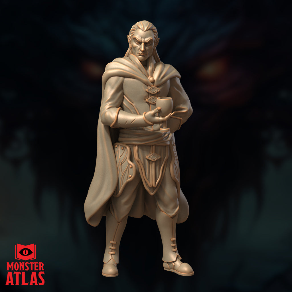 Front-facing digital render of an unpainted elven vampire lord miniature in robes, holding a goblet in both hands, with a flowing cape and arcane sigil clasps on his coat — front view