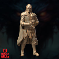 Front-facing digital render of an unpainted elven vampire lord miniature in robes, holding a goblet in both hands, with a flowing cape and arcane sigil clasps on his coat — front view