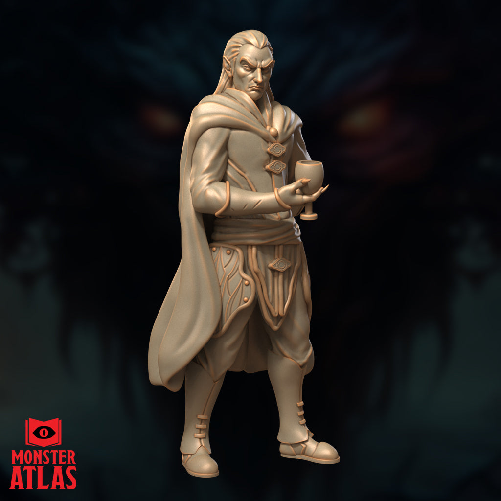 Three-quarter angle digital render of the same unpainted vampire lord miniature, showing the flowing cape, embroidered leg panels, and the goblet held at chest height — angled view