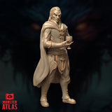 Three-quarter angle digital render of the same unpainted vampire lord miniature, showing the flowing cape, embroidered leg panels, and the goblet held at chest height — angled view