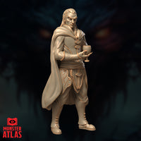 Three-quarter angle digital render of the same unpainted vampire lord miniature, showing the flowing cape, embroidered leg panels, and the goblet held at chest height — angled view