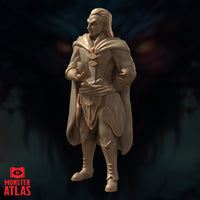 Side-angle digital render of the unpainted vampire lord miniature, cape sweeping behind him, goblet held loosely in one hand, expression turned to a slight smirk — profile view