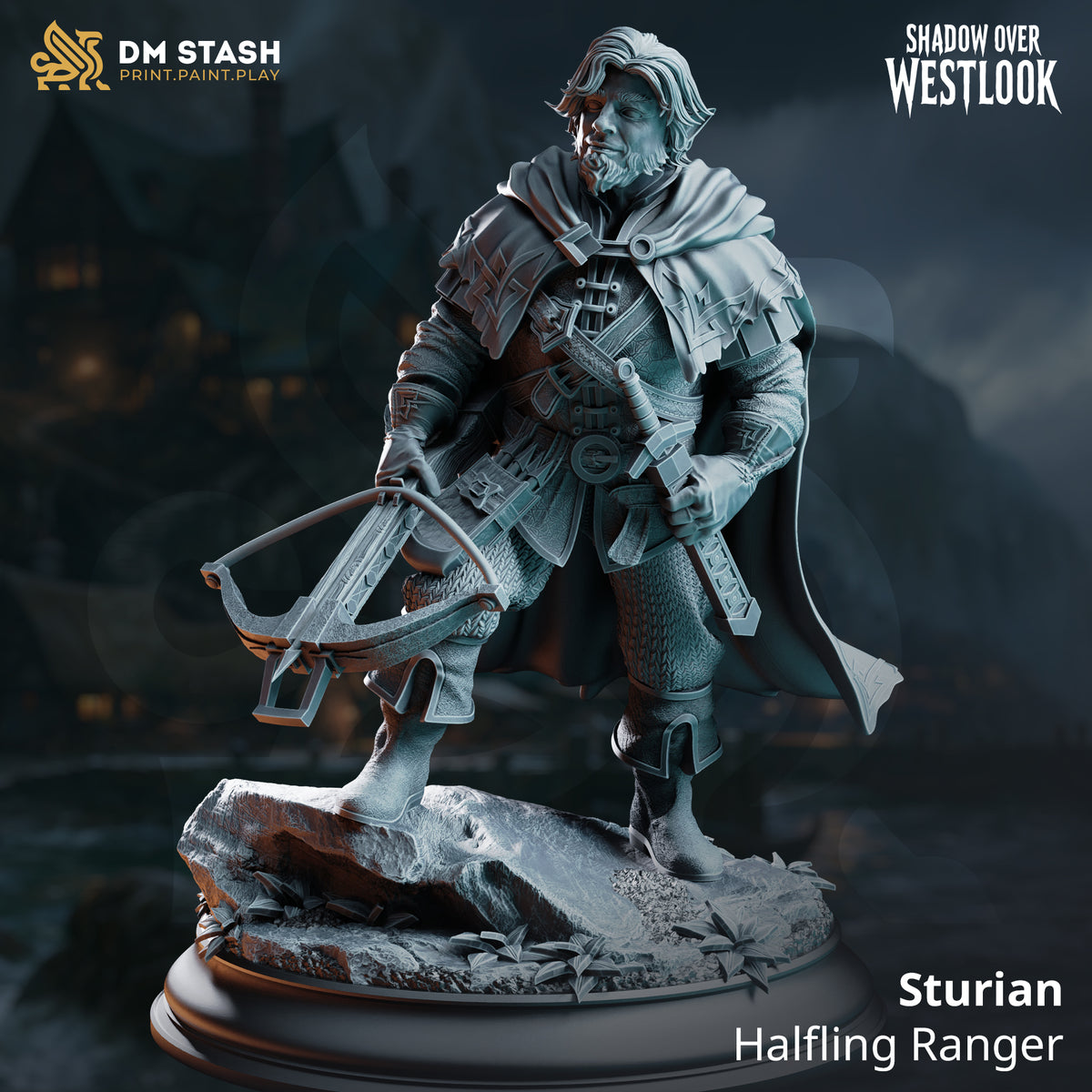 Rear view of a halfling ranger miniature showing a sweeping travel cloak with etched hem detail, crossbow visible at his side, atop a rocky base scattered with fallen leaves. Sculpt by DM Stash.