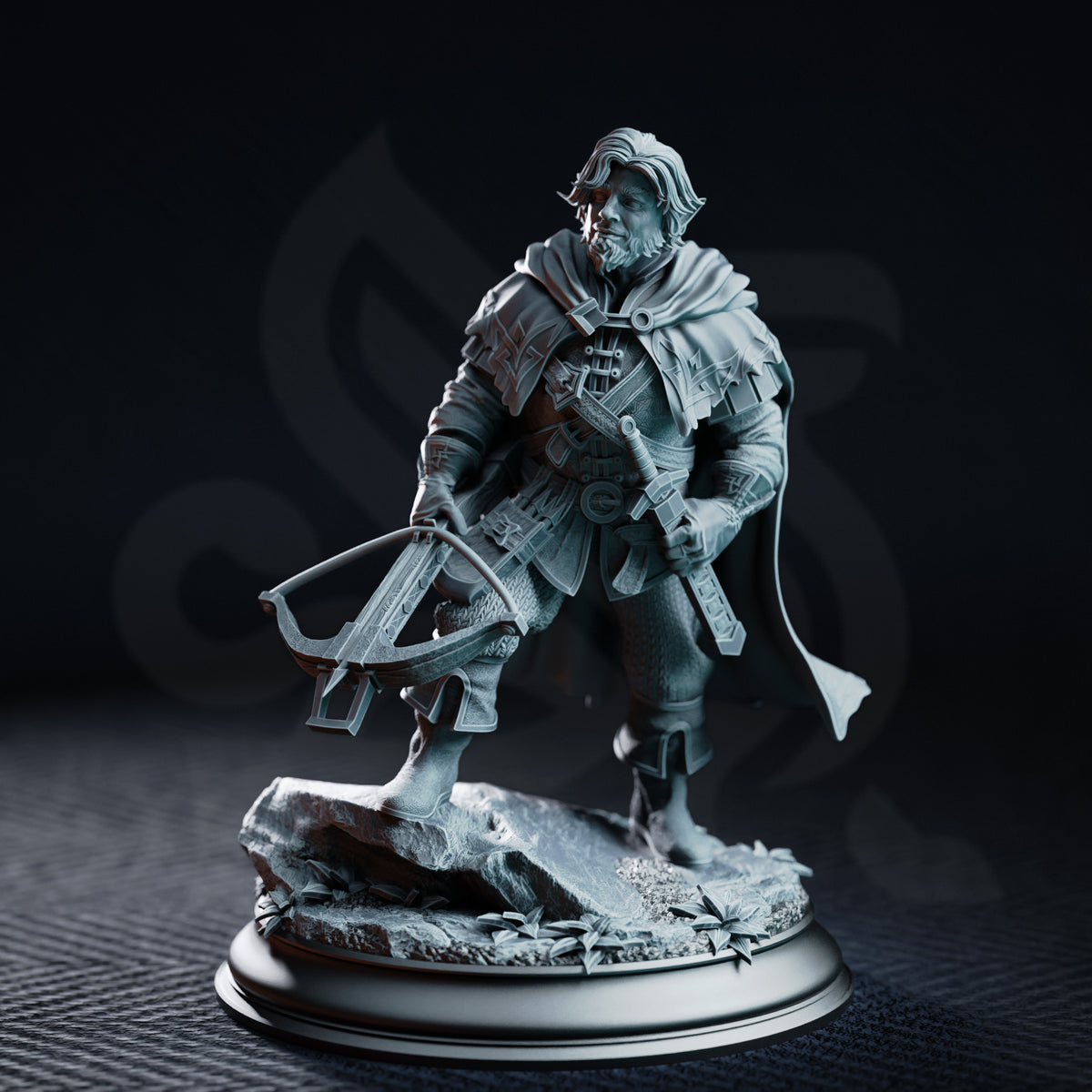 Halfling ranger miniature holding a crossbow at the ready, wearing layered runic leather armour and a billowing cloak, standing on a rocky scatter base with dried leaves. Sculpt by DM Stash.