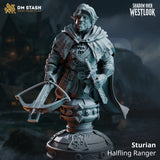 Halfling ranger bust with short beard and windswept hair, crossbow held low, detailed breastplate straps and belt hardware visible. Decorative round base. Sculpt by DM Stash.