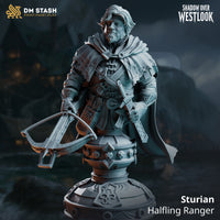 Halfling ranger bust with short beard and windswept hair, crossbow held low, detailed breastplate straps and belt hardware visible. Decorative round base. Sculpt by DM Stash.