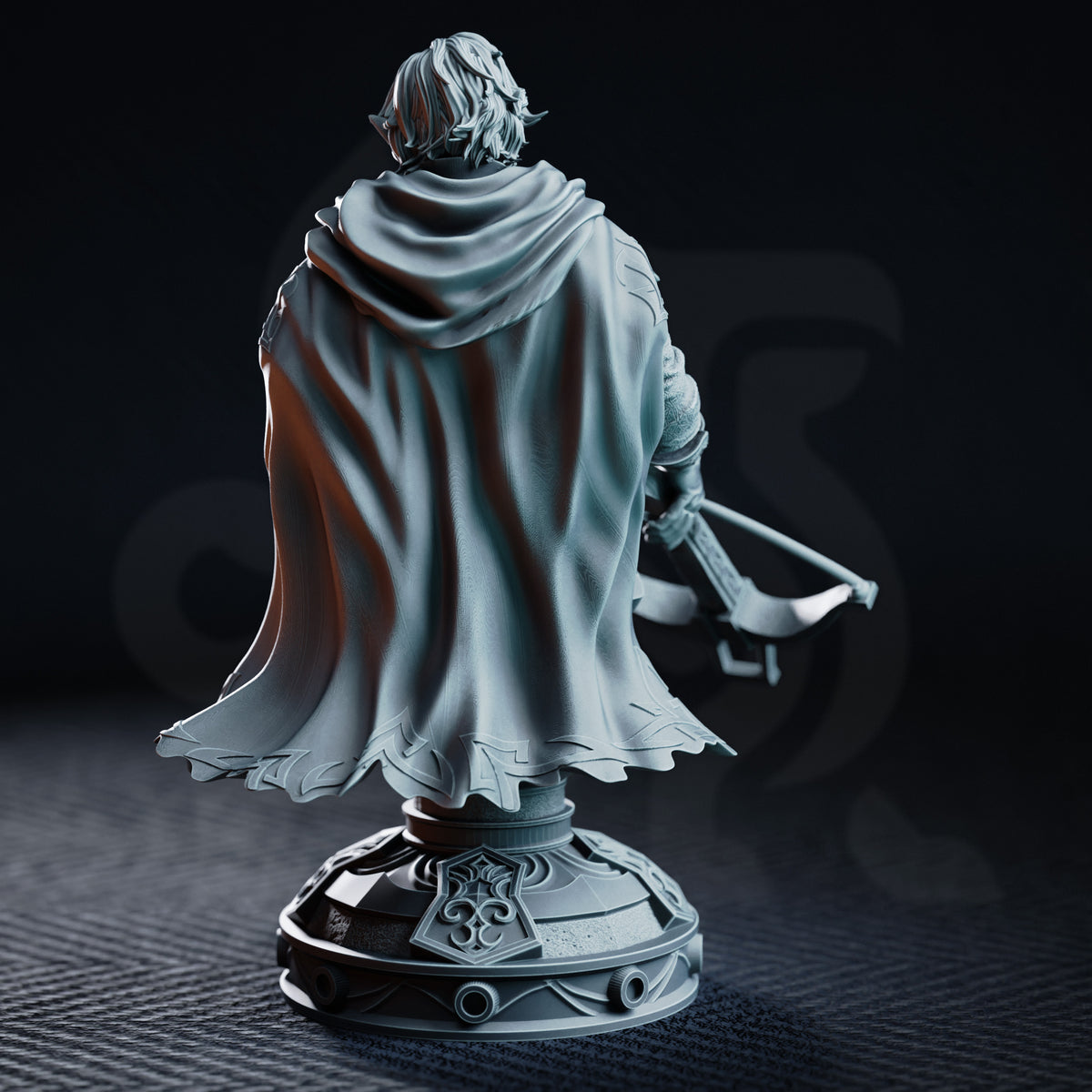 Rear view of halfling ranger bust showing a large flowing cloak with engraved hem detail and leather armour at the shoulder. Crossbow partially visible at right. Sculpt by DM Stash.