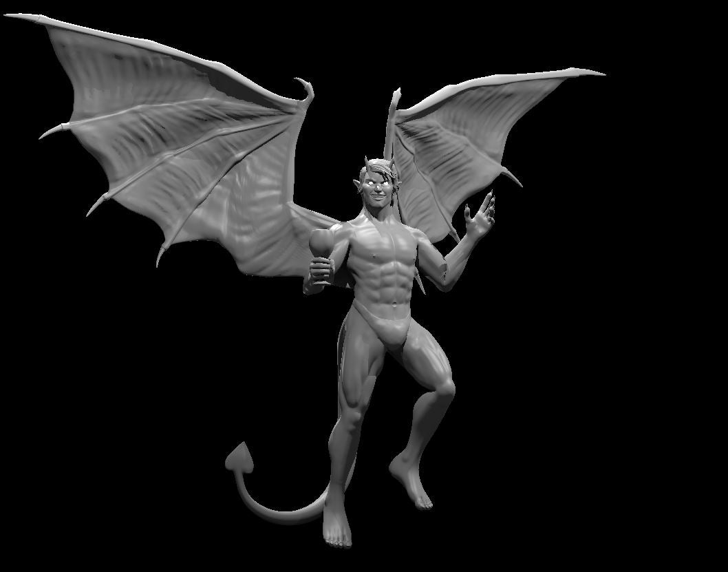 Digital render of an unpainted grey resin male succubus miniature in 32mm scale, posed mid-hover with large membranous wings spread wide, curved horns, a barbed tail, one hand raised in a charming gesture and a confident smirk on his face