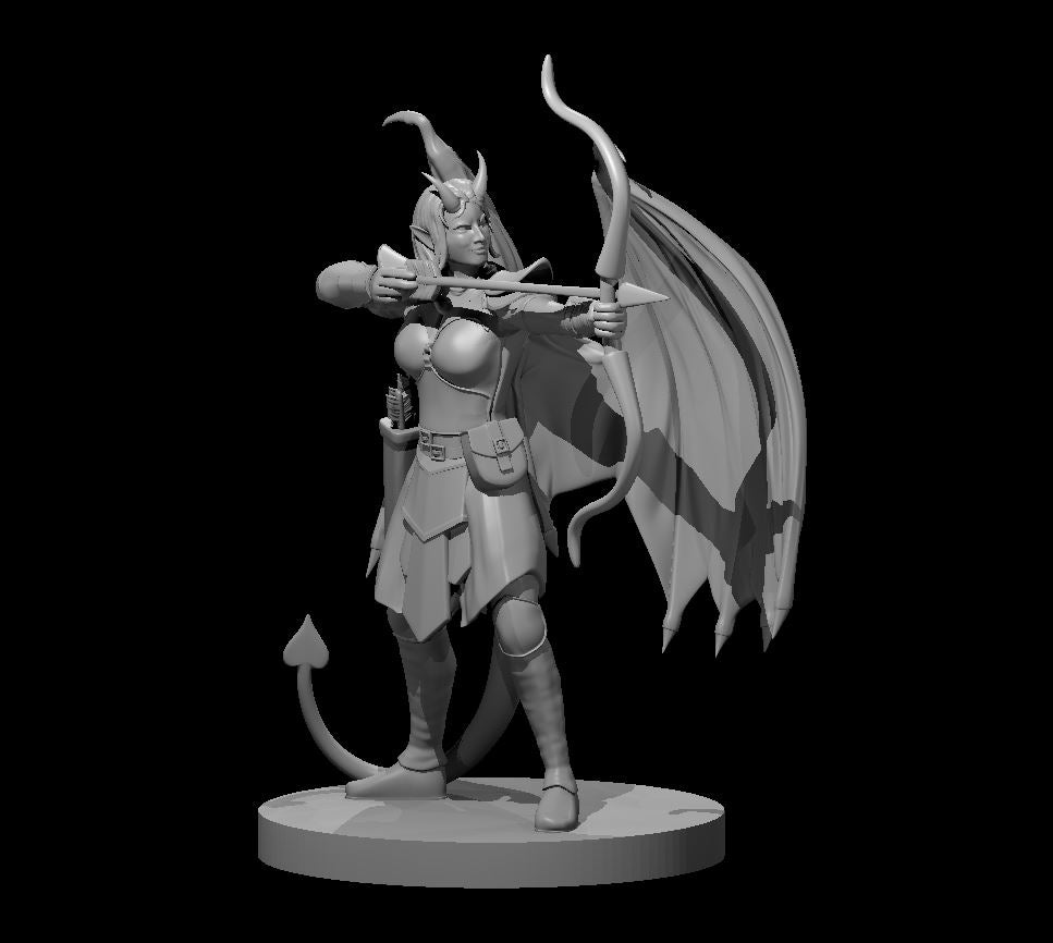 Unpainted grey resin miniature of a female succubus ranger at 32mm scale, shown in a three-quarter view. She stands on a round base drawing a longbow, with bat-like wings spread behind her, small horns on her head, a spaded tail curling to the left, layered leather armour, a belt pouch, and a quiver of arrows at her hip.