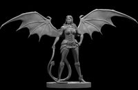 Unpainted grey resin miniature of a succubus at 32mm scale — a female fiend with large bat-like wings fully spread, small horns, long flowing hair, layered buckled chest armour, pauldrons, a barbed tail, and tall boots, standing in a confident upright pose on a round base