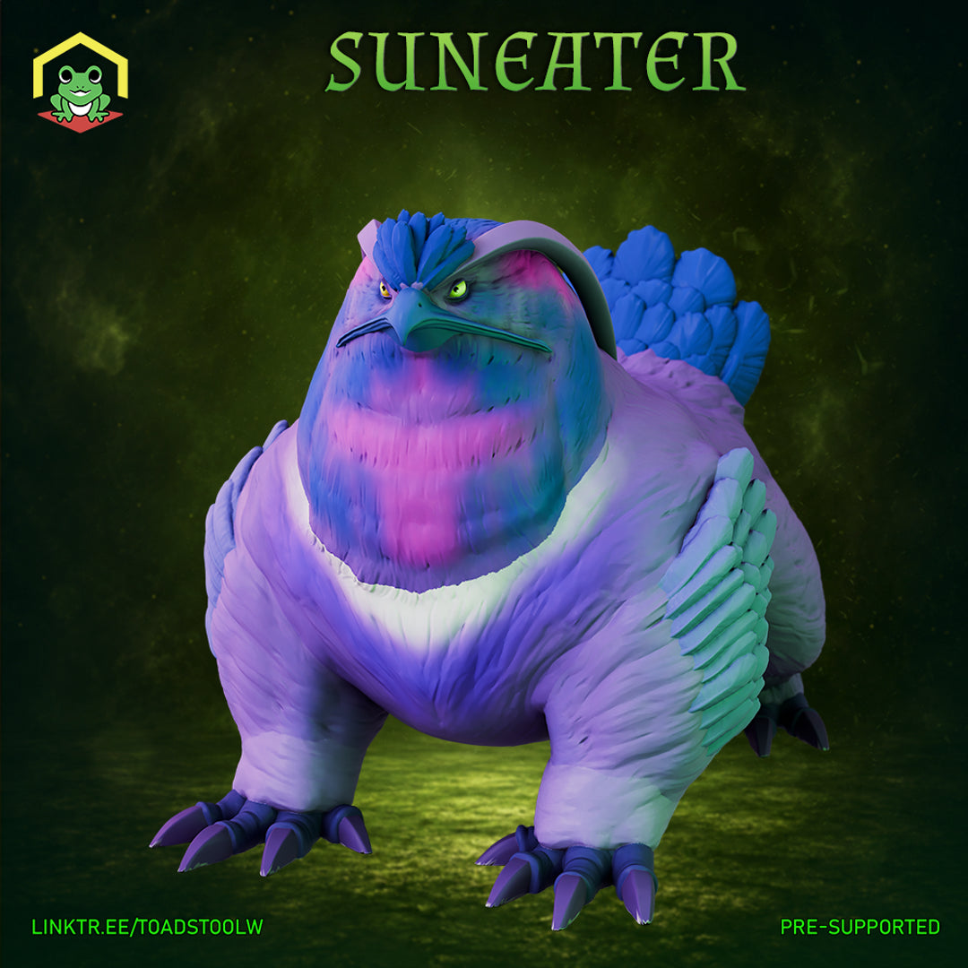 Squat, heavily built owlbear with a hooked raptor beak, narrow glaring eyes, and a feathered crest atop its broad head. Wings raised slightly at its flanks, taloned feet planted wide. Dense layered plumage across chest and belly. Sculpt by The Toadstool Weaver.