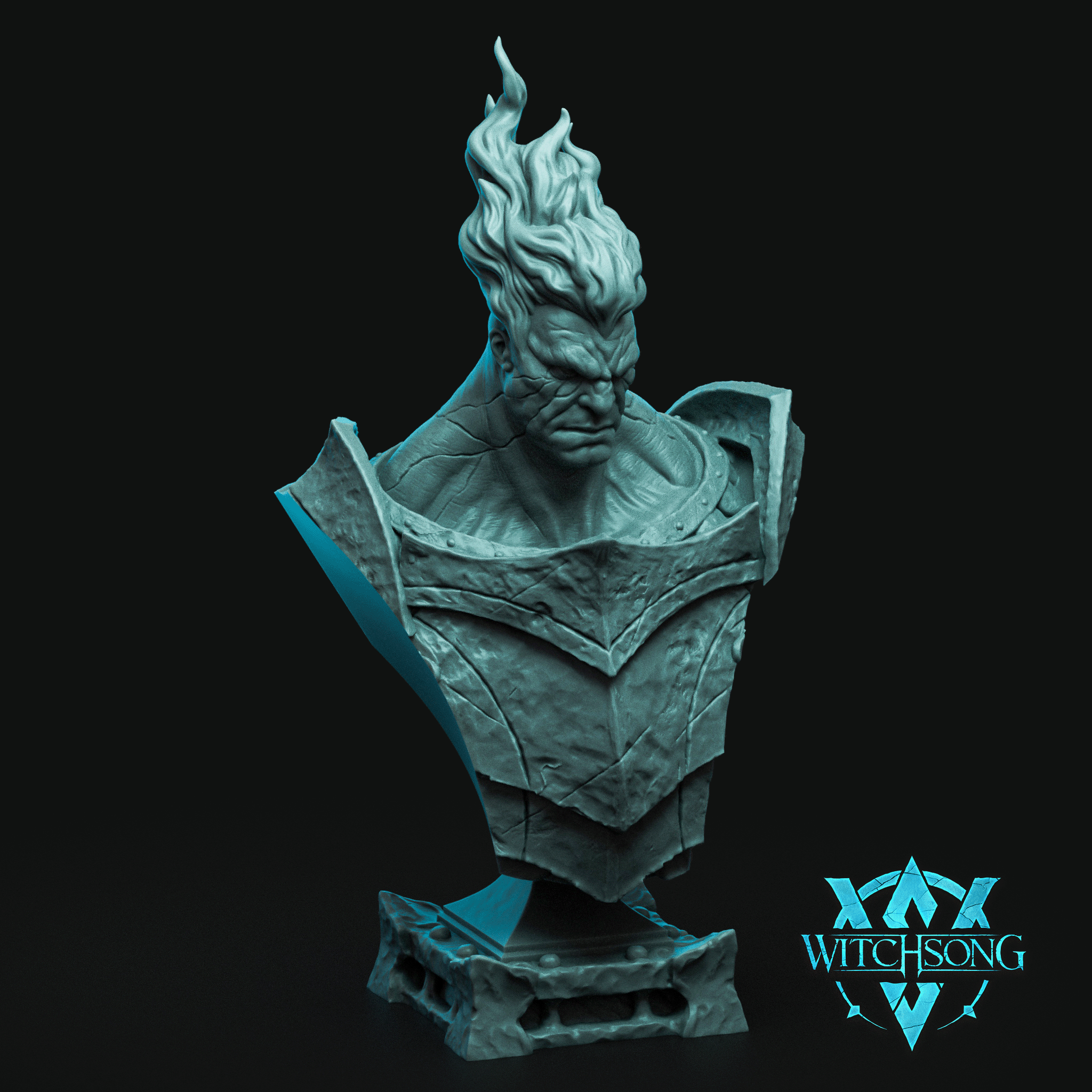 Digital render of the Surtr Giant of Fire bust by Witchsong Miniatures, shown in teal-grey resin. The bust depicts a broad-shouldered male giant with a deeply furrowed, furious expression, wearing heavily textured battle-worn plate armour with riveted panels and a wide gorget. His hair erupts upward in sweeping flame-like forms. The sculpt sits on a chunky decorative stone base. Witchsong Miniatures logo visible in the lower right corner.