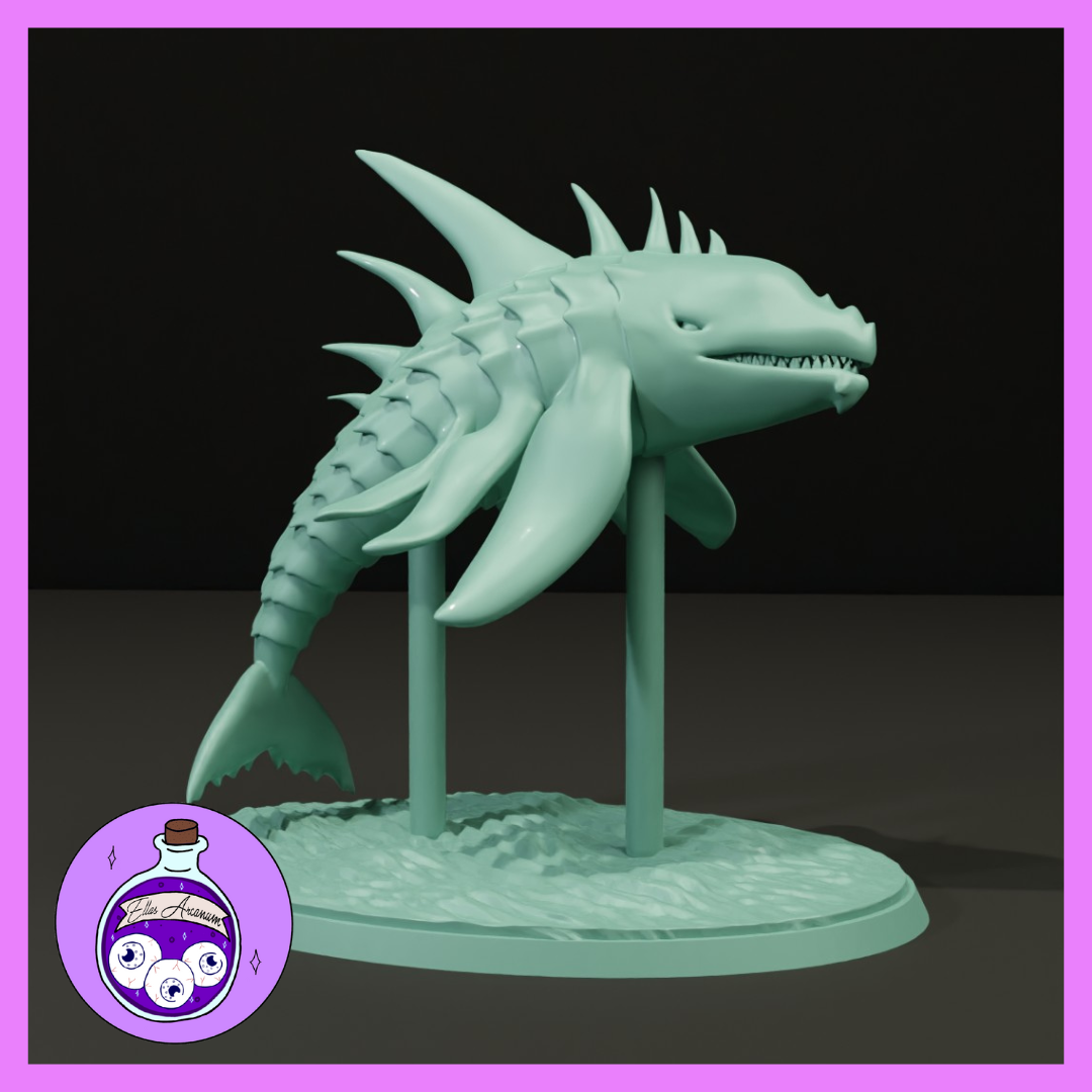 Digital render of the Sverdhvalur Icelandic Sword Whale miniature in unprimed grey-green resin tone, showing a large shark-like creature with armoured segmented tail, swept dorsal spines, broad pectoral fins, and a wide jaw filled with sharp teeth, mounted on a wave-textured oval base with two support posts, 32mm scale tabletop miniature by Ella's Arcanum Minis