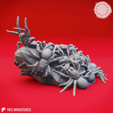 Digital render of a Swarm of Spiders miniature — a mass of textured spiders with gnarled legs piled over a faceted rock formation, with smooth egg sacs scattered throughout. Viewed from a front-right angle. Unpainted grey.