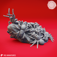 Digital render of a Swarm of Spiders miniature — a mass of textured spiders with gnarled legs piled over a faceted rock formation, with smooth egg sacs scattered throughout. Viewed from a front-right angle. Unpainted grey.