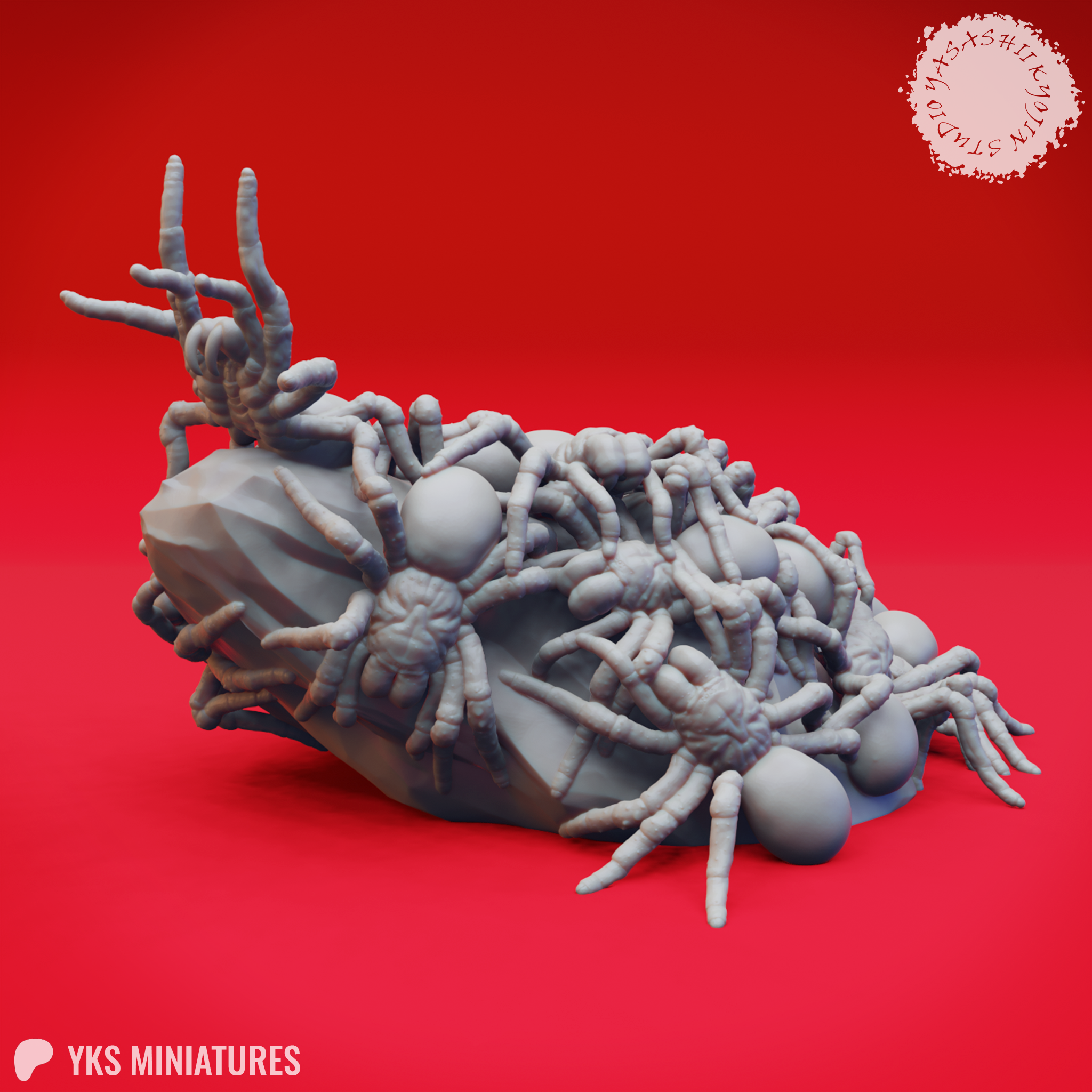 Digital render of a Swarm of Spiders miniature — a mass of textured spiders with gnarled legs piled over a faceted rock formation, with smooth egg sacs scattered throughout. Viewed from a front-right angle. Unpainted grey.