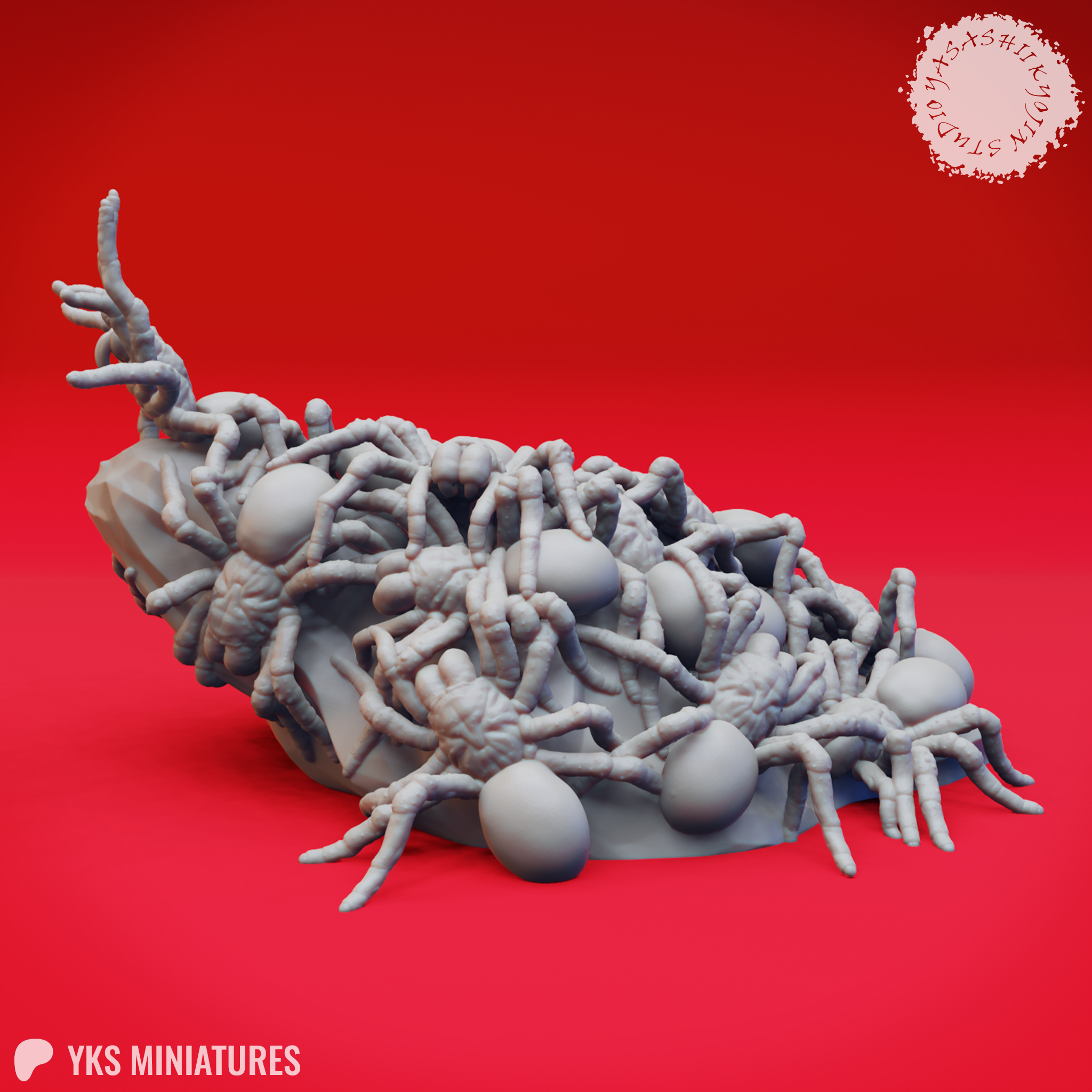 Digital render of the Swarm of Spiders miniature viewed from the left side, showing the dense tangle of overlapping spider limbs and egg sacs across the rocky base, with several spiders extending outward from the cluster. Unpainted grey.