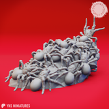 Digital render of the Swarm of Spiders miniature viewed from the rear-right, highlighting the central mass of spiders climbing upward with a single spider raised high on outstretched legs above the cluster, surrounded by multiple egg sacs of varying sizes. Unpainted grey.