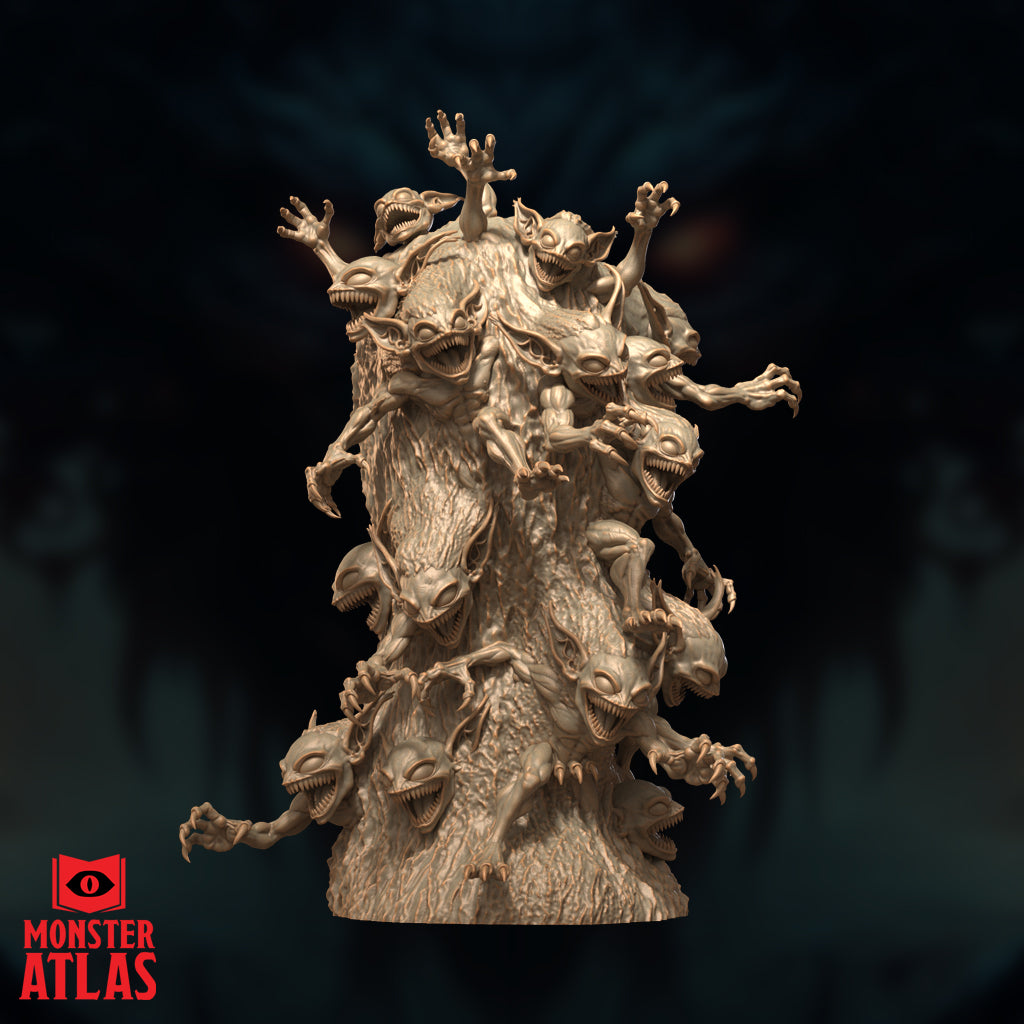 Gibberling Swarm by Monster Atlas — a tall column of feral goblinoid creatures with gaping jaws and splayed claws writhing from a bark-textured trunk, arms raised skyward.
