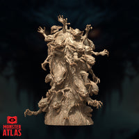 Gibberling Swarm by Monster Atlas — a tall column of feral goblinoid creatures with gaping jaws and splayed claws writhing from a bark-textured trunk, arms raised skyward.