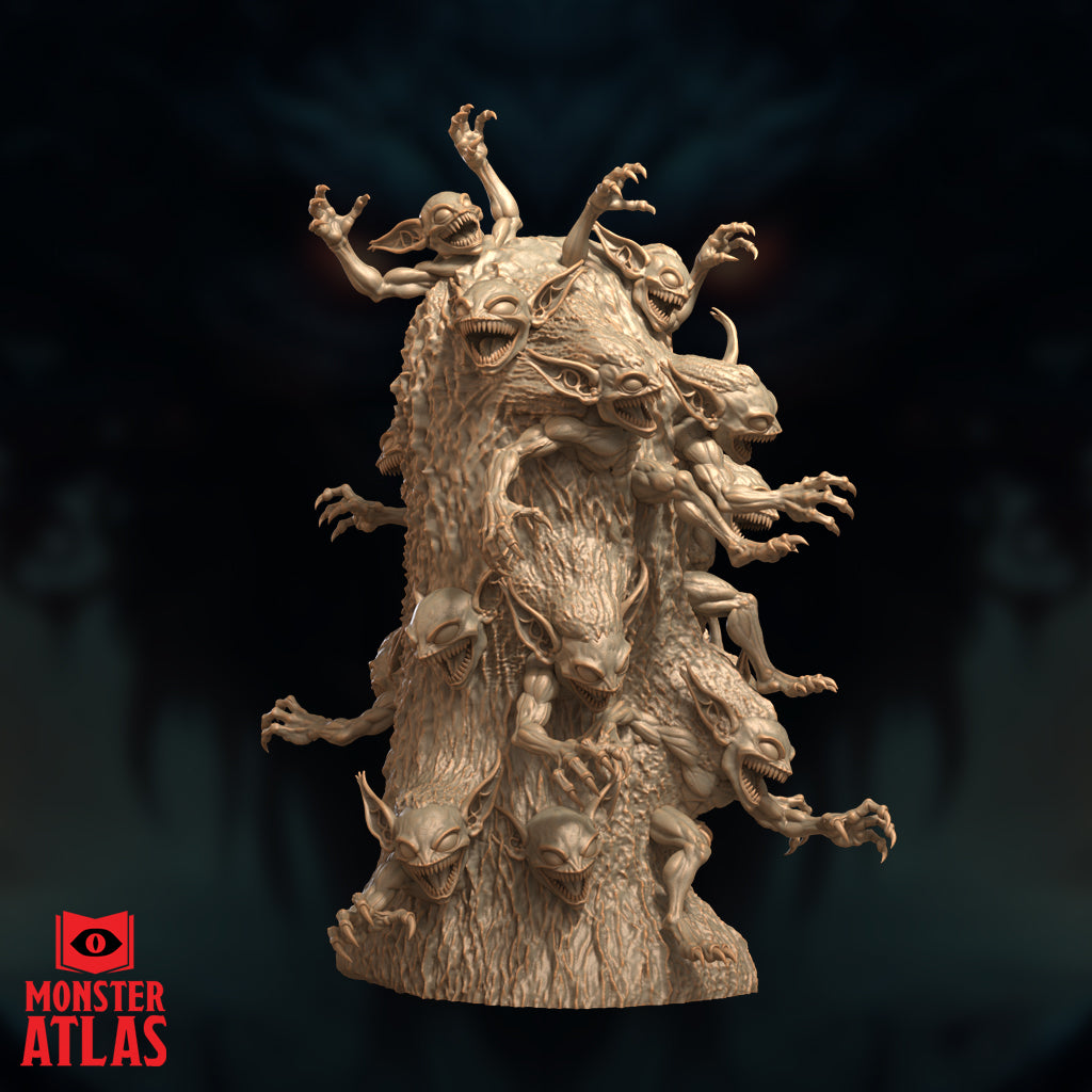 Gibberling Swarm by Monster Atlas — alternate angle showing horned and clawed goblinoid faces packed tightly across the gnarled column, with reaching arms and wide blank eyes throughout.