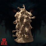 Gibberling Swarm by Monster Atlas — rear-facing angle revealing additional snarling heads and gripping claws emerging from the rough bark surface, with antler-like limbs at the crown.