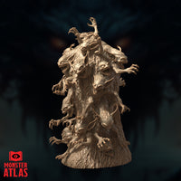 Gibberling Swarm by Monster Atlas — rear-facing angle revealing additional snarling heads and gripping claws emerging from the rough bark surface, with antler-like limbs at the crown.