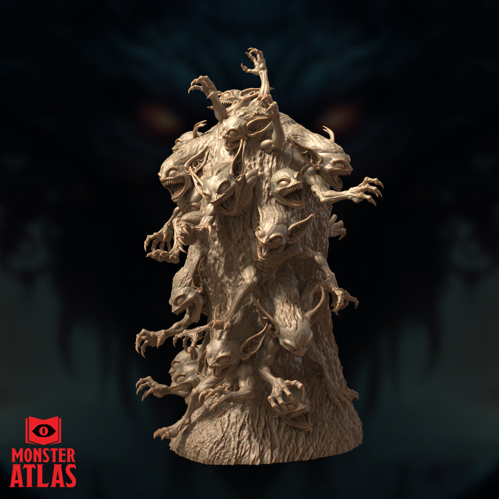 Gibberling Swarm by Monster Atlas — rear-facing angle revealing additional snarling heads and gripping claws emerging from the rough bark surface, with antler-like limbs at the crown.