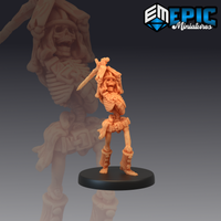 Skeleton warrior miniature mid-swing with a sword raised overhead, wearing ornamental greaves and layered bone armour with tattered cloth, mounted on a detailed round base. Sculpt by Epic Miniatures.