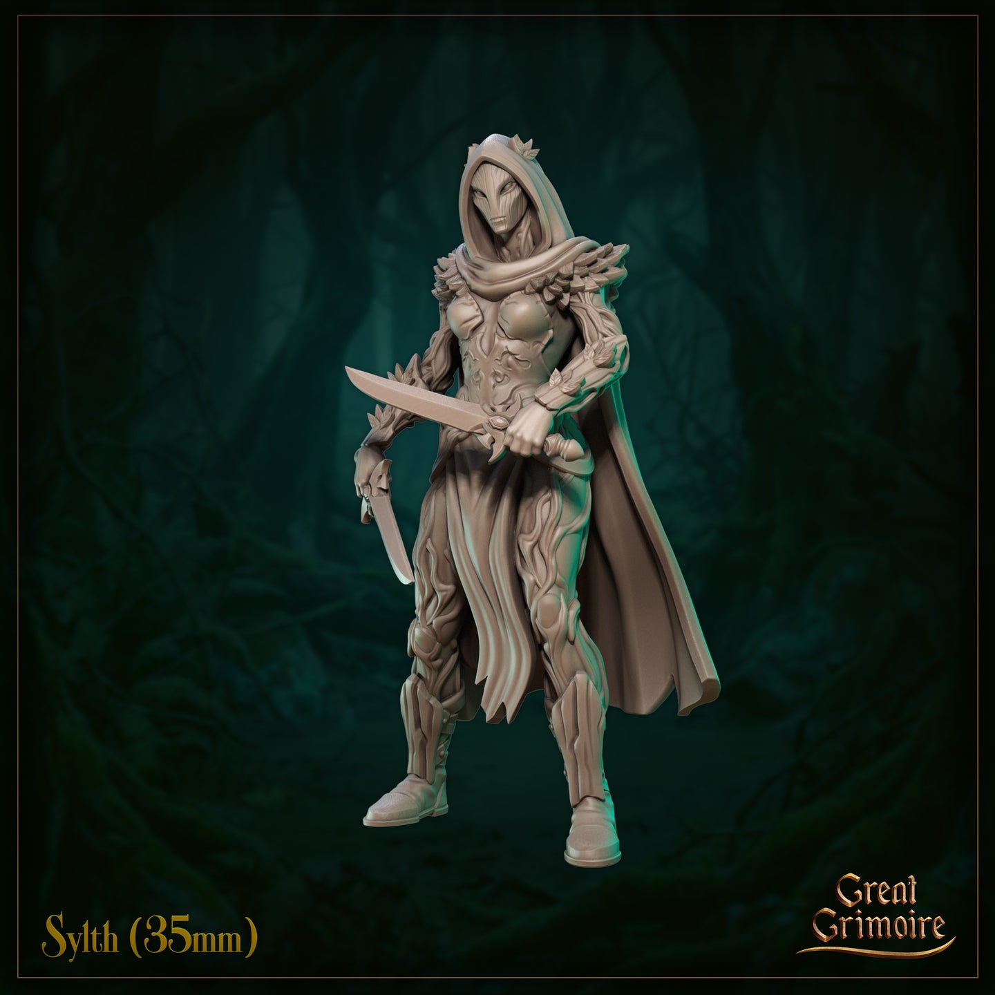 Single unpainted grey resin Sylth miniature at 35mm scale by Great Grimoire — standing pose with sword gripped in both hands at guard, wearing hooded cloak, leaf-edged shoulder pauldrons, bark-carved chest armour, and detailed leg guards, viewed from a three-quarter front angle