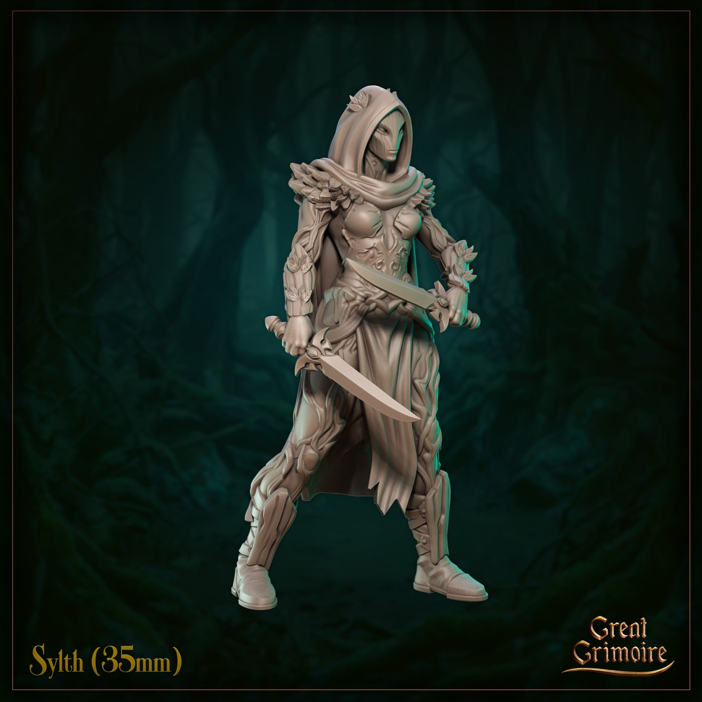 Sylth 01 — unpainted 35mm resin miniature render, three-quarter front view. The fey warrior's dual-dagger combat stance is shown from a closer angle, highlighting the vine-wrapped bracers, leaf-motif pauldrons, and smooth hooded mask-like face framed by long hair.