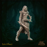 Single unpainted grey resin Sylth miniature at 35mm scale by Great Grimoire — wide combat stance with one long blade extended forward and a second shorter blade held back, hooded face partially visible, wearing layered organic armour with leaf detailing across chest and limbs