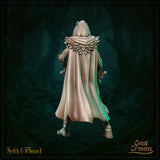 Sylth 01 — unpainted 35mm resin miniature render, rear view. The full sweep of Sylth's dramatic floor-length cloak is shown, with the layered feathered collar fanning outward from her shoulders. Organic armour textures on arms and legs are visible from behind.