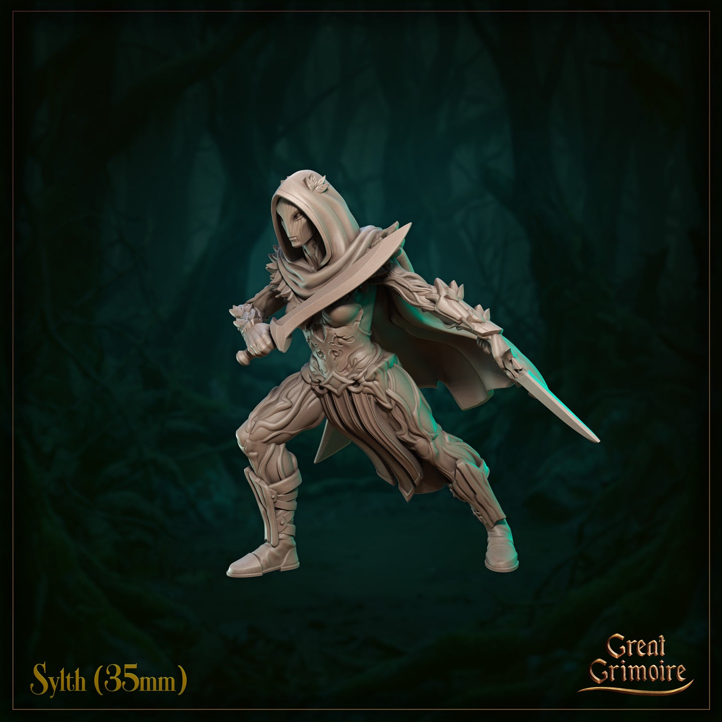 Unpainted 35mm resin render of Sylth 02 by Great Grimoire — a hooded female fey warrior in leaf-trimmed armour, posed in a low combat stance with one sword raised and a dagger in her off hand, cloak swept back