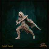 Unpainted 35mm resin render of Sylth 02 by Great Grimoire — a hooded female fey warrior in leaf-trimmed armour, posed in a low combat stance with one sword raised and a dagger in her off hand, cloak swept back