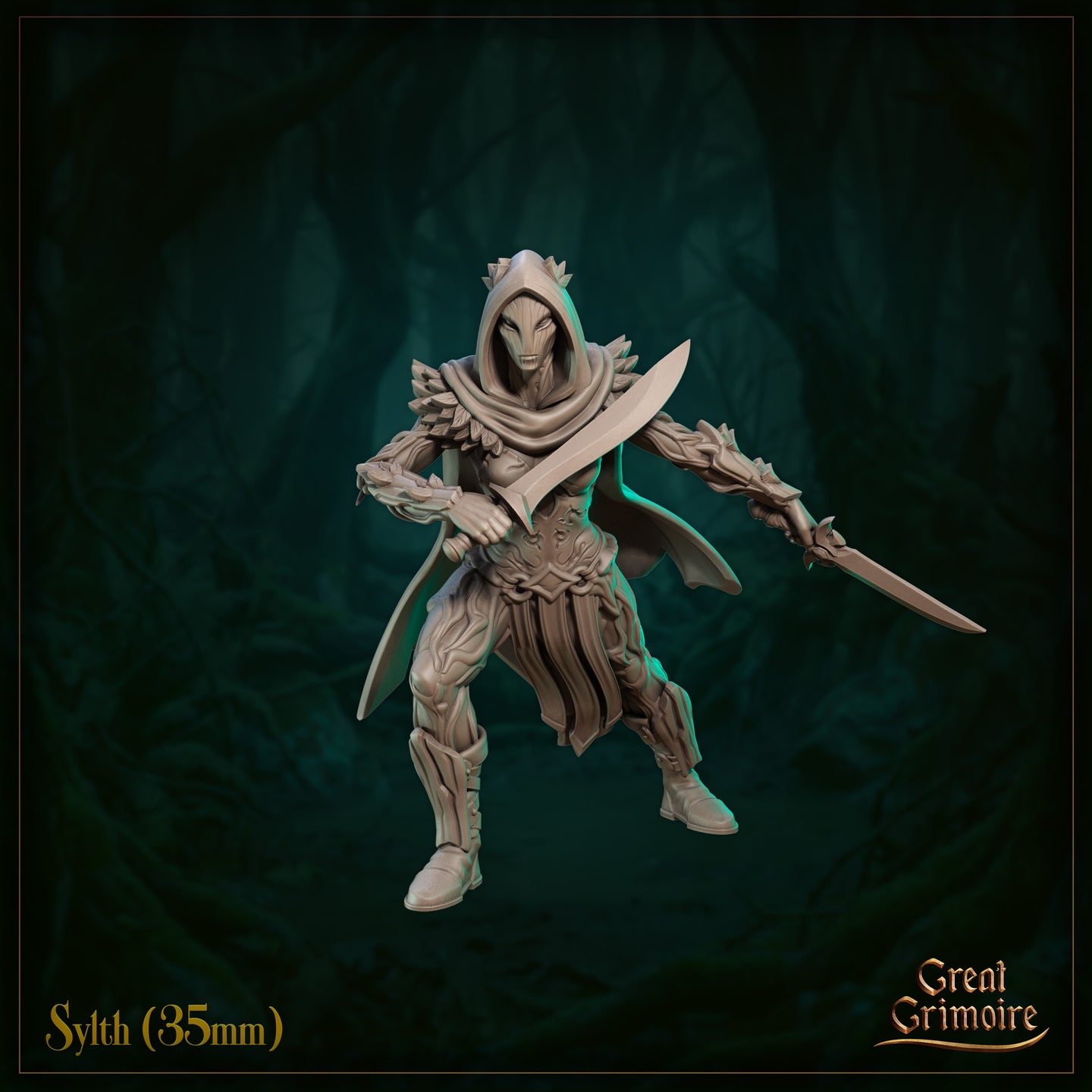 Front-facing render of Sylth 02 by Great Grimoire — hooded fey assassin standing with both blades extended outward, angular inhuman features partially visible beneath the deep hood, organic thorn-motif armour detailed throughout