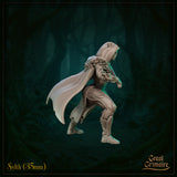 Rear view render of Sylth 02 by Great Grimoire — flowing cloak billowing behind the crouched hooded figure, intricate bark and leaf armour visible across the back and shoulders, dual-sword scabbards at her sides