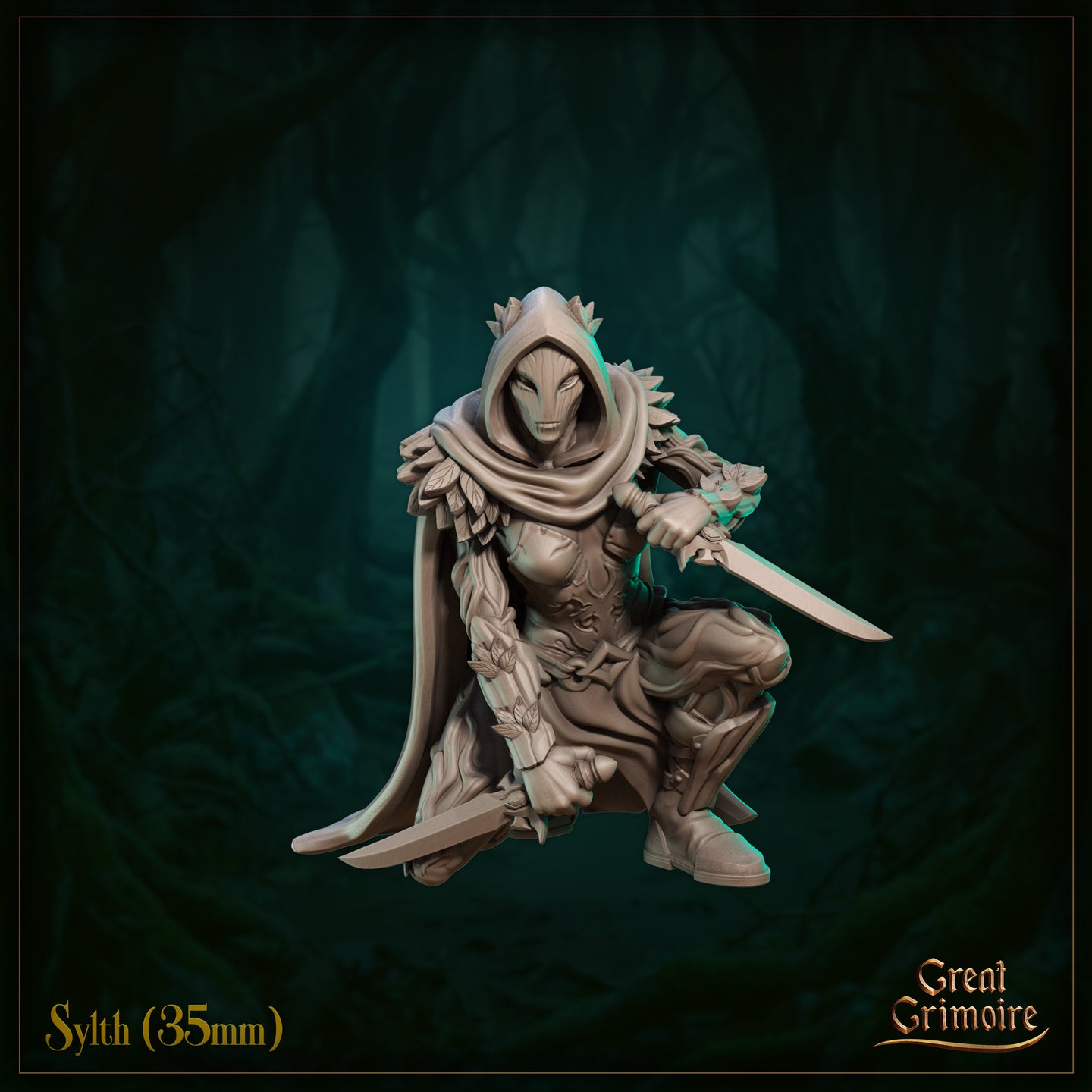 Front view of Sylth 03 — an unpainted grey resin miniature of a hooded fey female rogue crouching low with twin shortswords extended, wearing leaf-scale pauldrons, vine-wrapped bracers, and a sweeping cloak adorned with leaf motifs. 35mm scale digital render by Great Grimoire.