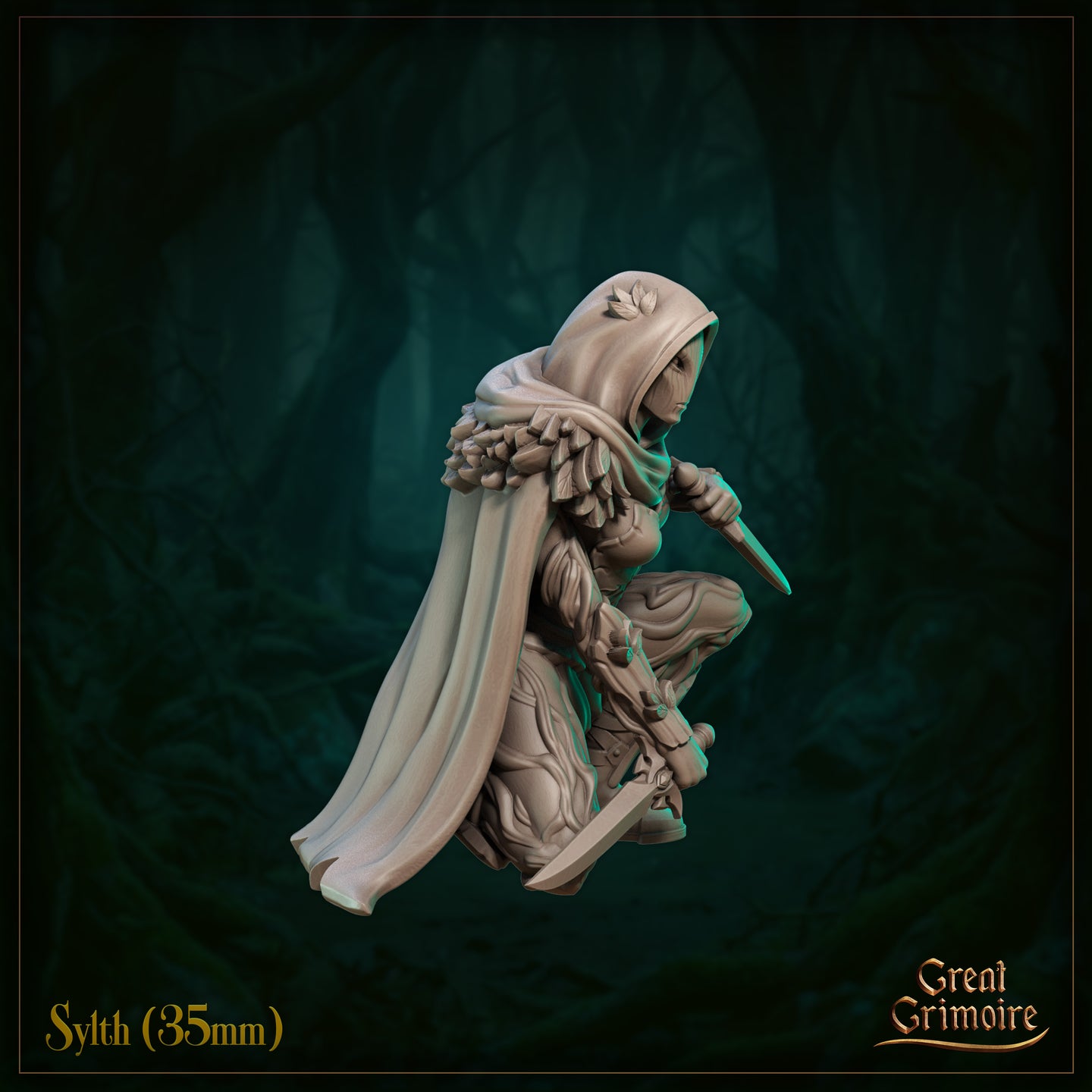 Side profile of Sylth 03 — unpainted grey resin miniature showing the hooded fey rogue in a crouching stance, one blade raised in a reverse grip, with detailed leaf and bark armour textures and a dramatic trailing cloak. 35mm scale digital render by Great Grimoire.