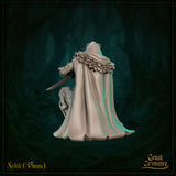 Rear view of Sylth 03 — unpainted grey resin miniature showing the full sweep of Sylth's cloak and the spiked, scaled detailing on her shoulders and hood. Twin blades visible at the edges of the pose. 35mm scale digital render by Great Grimoire.