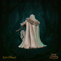 Rear view of Sylth 03 — unpainted grey resin miniature showing the full sweep of Sylth's cloak and the spiked, scaled detailing on her shoulders and hood. Twin blades visible at the edges of the pose. 35mm scale digital render by Great Grimoire.