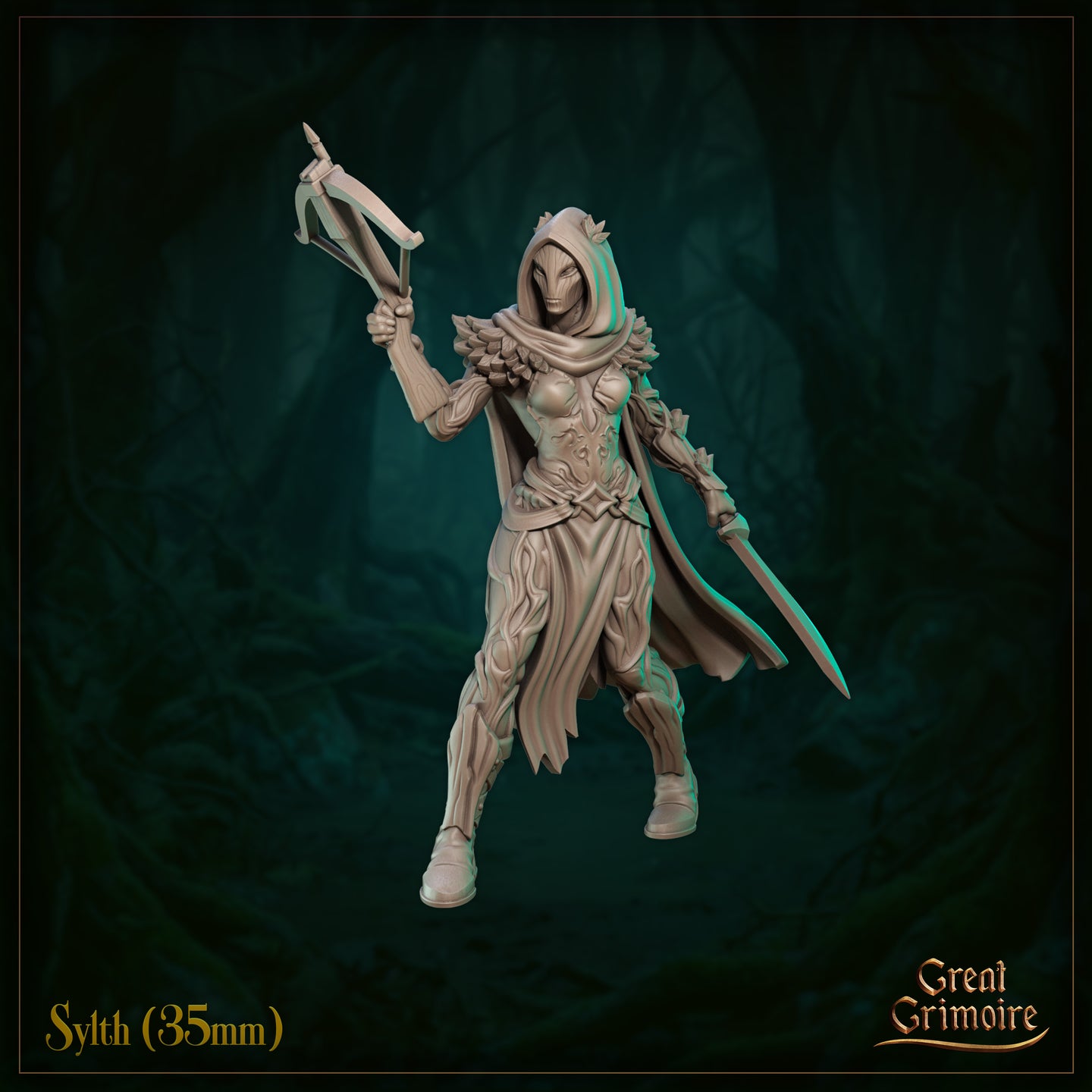 Sylth 04 — 35mm unpainted resin miniature by Great Grimoire, shown in a dynamic angled pose with crossbow raised high in one hand and long blade extended in the other, wearing a feather-scale mantle and deep hood with a smooth masked face, digital render against a dark forest background